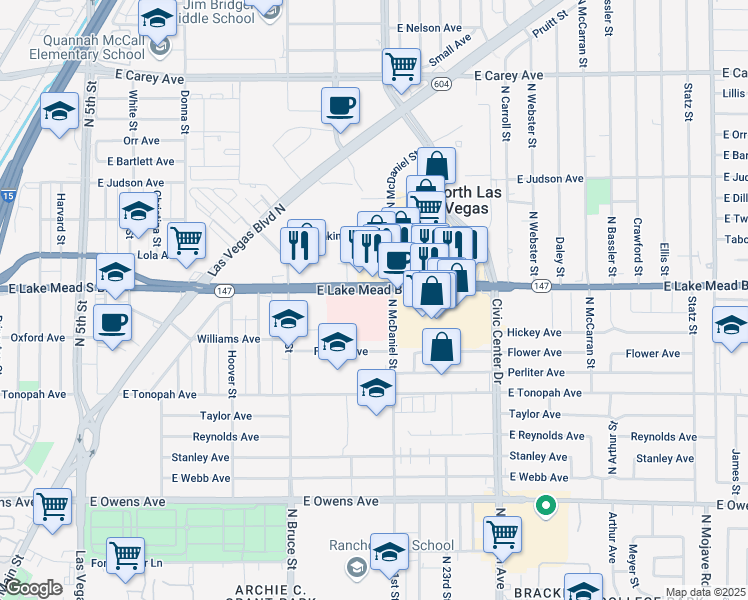 map of restaurants, bars, coffee shops, grocery stores, and more near 1815 East Lake Mead Boulevard in North Las Vegas
