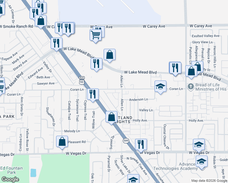 map of restaurants, bars, coffee shops, grocery stores, and more near 1792 North Rancho Drive in Las Vegas