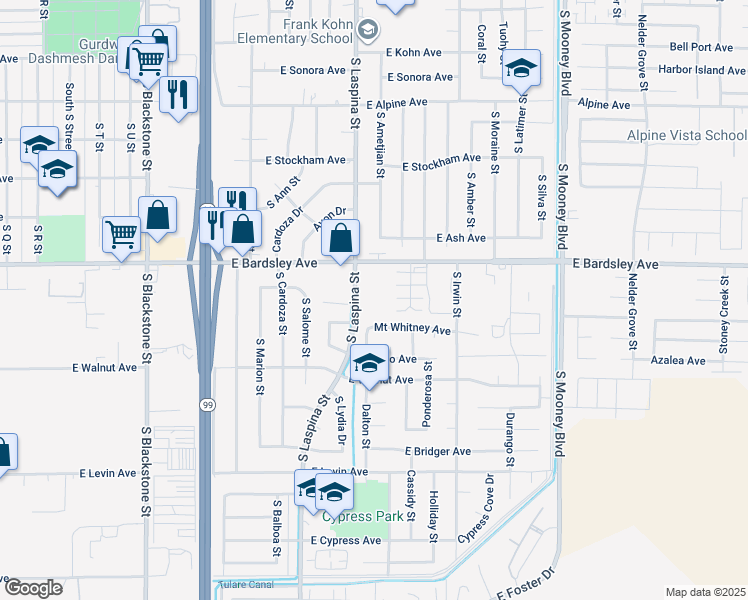 map of restaurants, bars, coffee shops, grocery stores, and more near 1167 South Laspina Street in Tulare