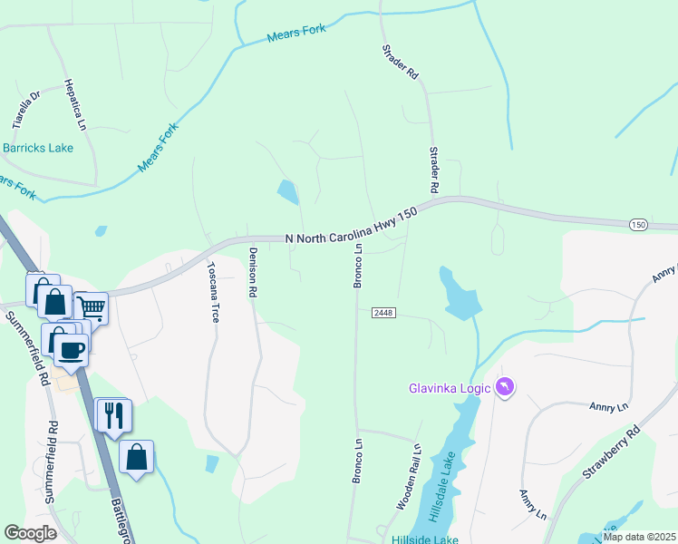 map of restaurants, bars, coffee shops, grocery stores, and more near 7115 Bronco Lane in Summerfield