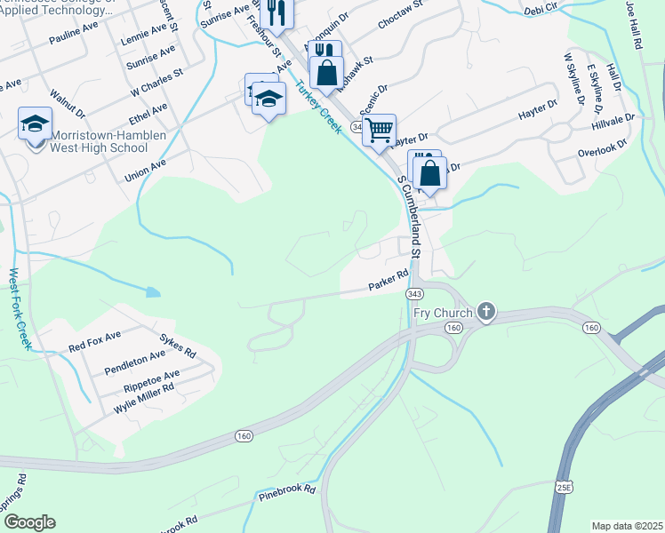 map of restaurants, bars, coffee shops, grocery stores, and more near 238 Parker Road in Morristown