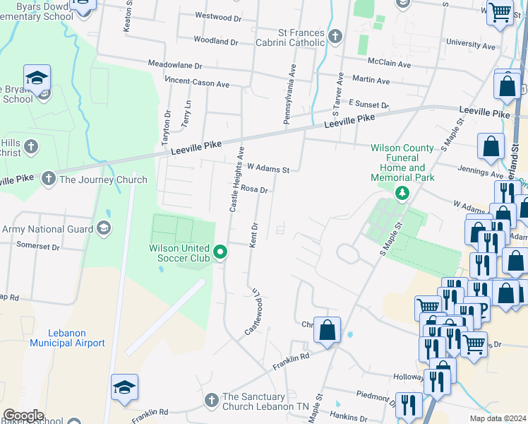 map of restaurants, bars, coffee shops, grocery stores, and more near 719 Elkins Drive in Lebanon