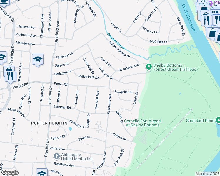 map of restaurants, bars, coffee shops, grocery stores, and more near 3000 Porter Road in Nashville