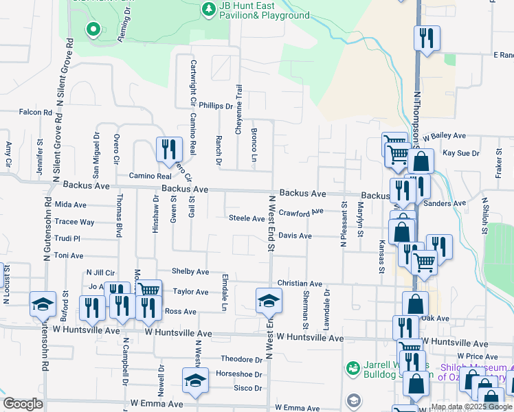map of restaurants, bars, coffee shops, grocery stores, and more near 1001 North West End Street in Springdale