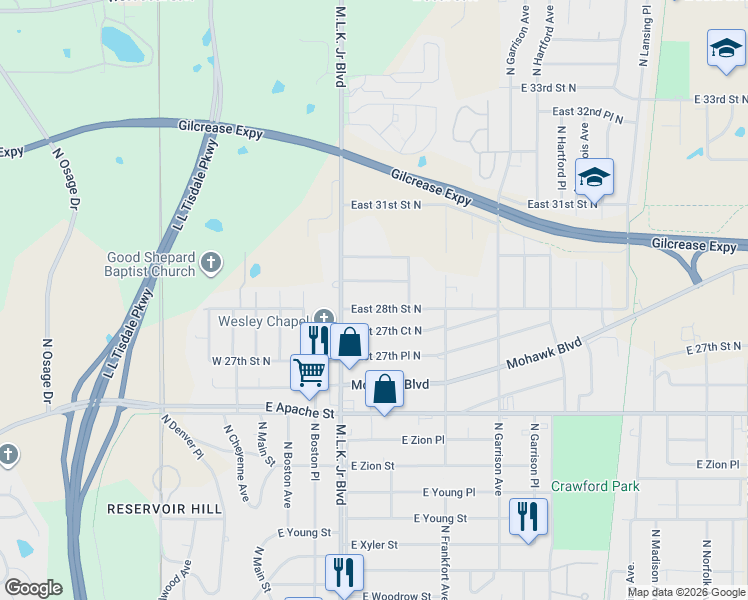 map of restaurants, bars, coffee shops, grocery stores, and more near 224 East 28th Street North in Tulsa