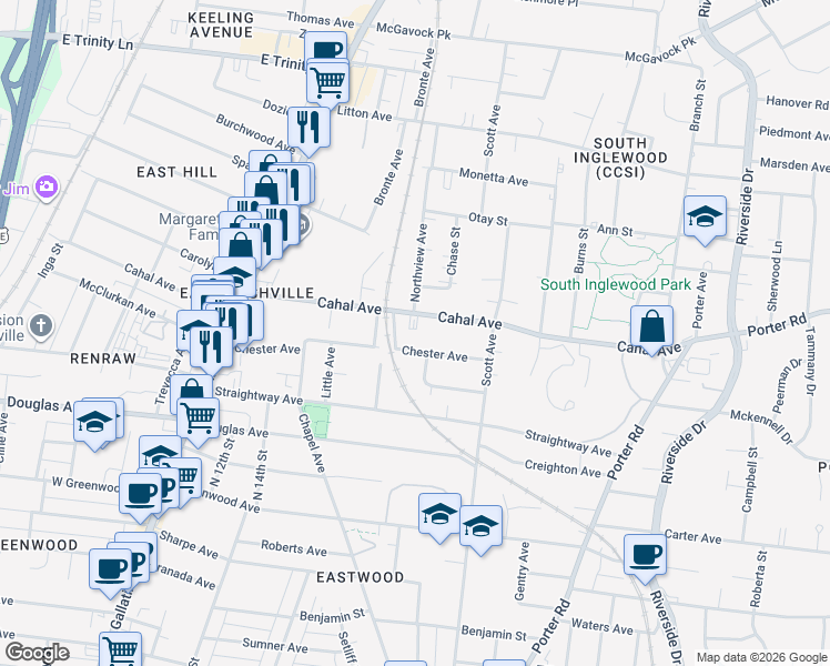 map of restaurants, bars, coffee shops, grocery stores, and more near 1309 Chester Avenue in Nashville
