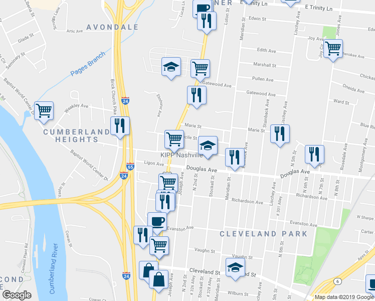 map of restaurants, bars, coffee shops, grocery stores, and more near 1315 Joseph Avenue in Nashville