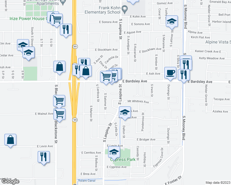 map of restaurants, bars, coffee shops, grocery stores, and more near 1582 Jasmine Court in Tulare