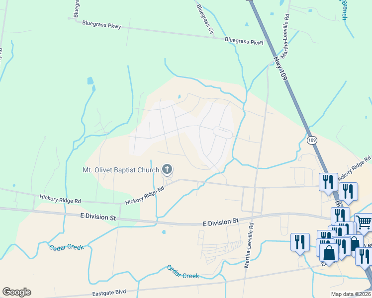 map of restaurants, bars, coffee shops, grocery stores, and more near 7297-7425 Hickory Ridge Road in Mount Juliet