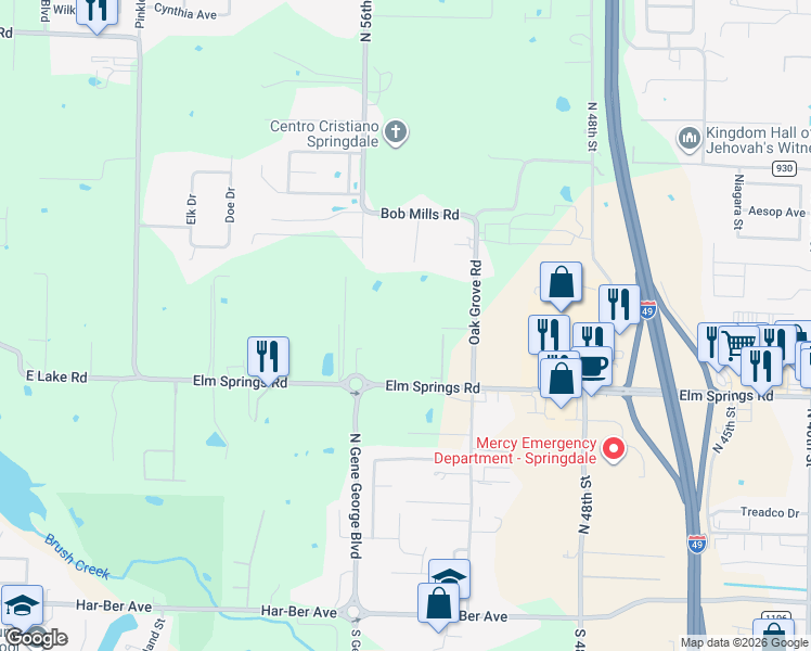 map of restaurants, bars, coffee shops, grocery stores, and more near 5516 Elm Springs Rd in Springdale