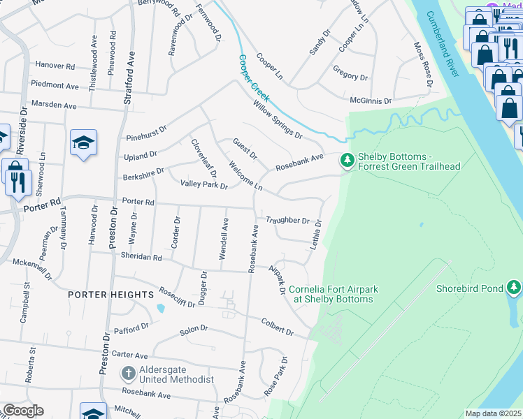 map of restaurants, bars, coffee shops, grocery stores, and more near 2605A Traughber Drive in Nashville