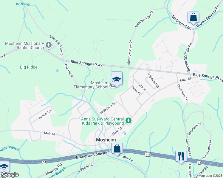 map of restaurants, bars, coffee shops, grocery stores, and more near 297 West School Street in Mosheim