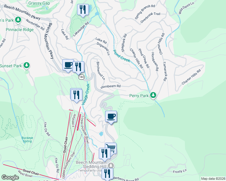 map of restaurants, bars, coffee shops, grocery stores, and more near 704 Beech Mountain Pkwy in Beech Mountain