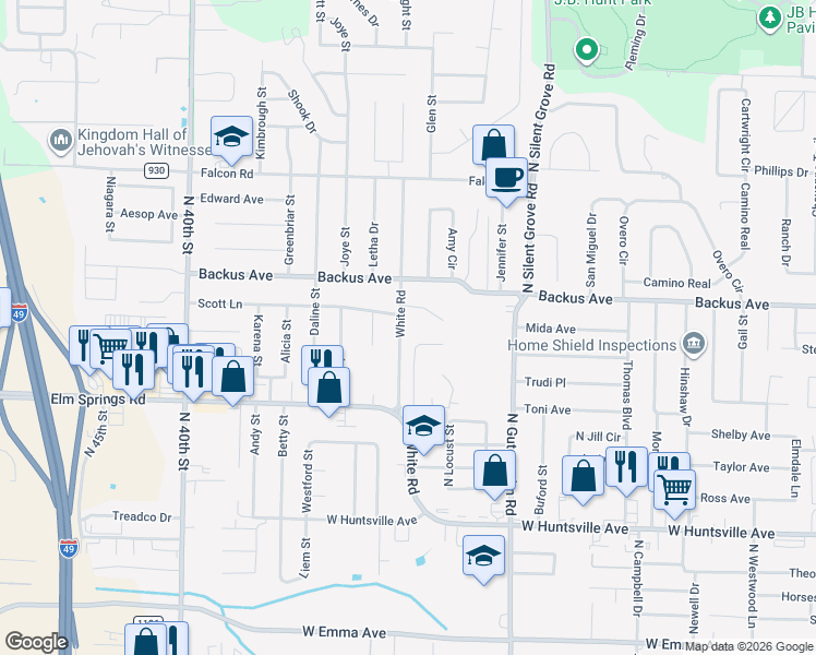 map of restaurants, bars, coffee shops, grocery stores, and more near 1103 White Road in Springdale