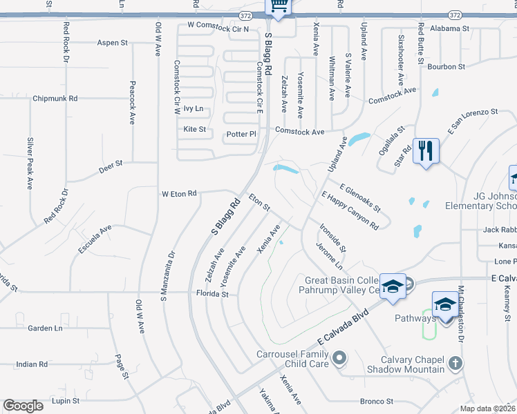 map of restaurants, bars, coffee shops, grocery stores, and more near 1660 Yosemite Avenue in Pahrump