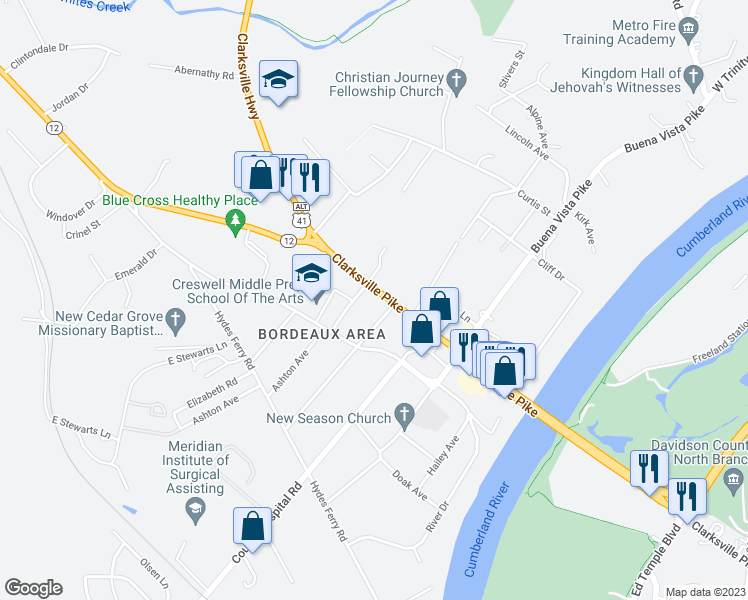 map of restaurants, bars, coffee shops, grocery stores, and more near 3407 Clarksville Pike in Nashville