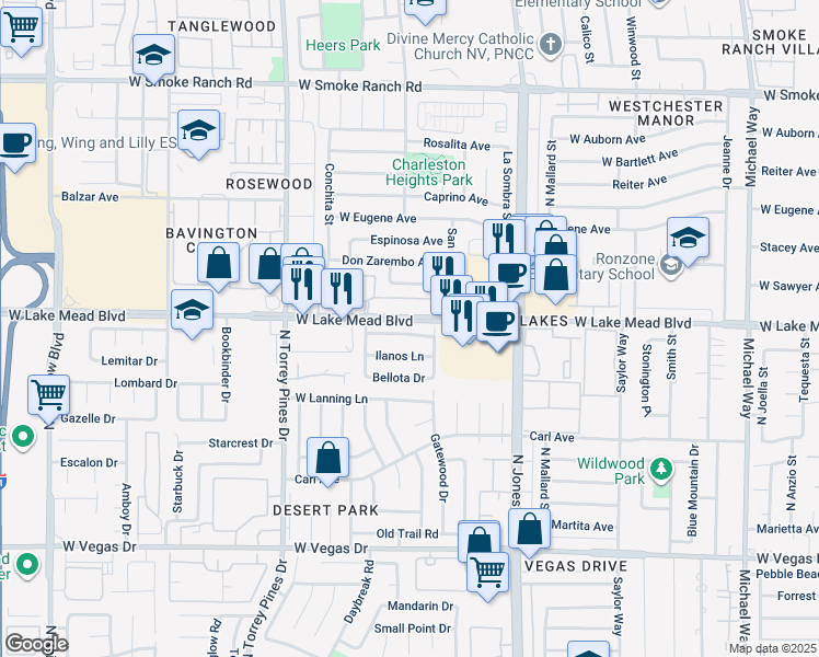 map of restaurants, bars, coffee shops, grocery stores, and more near 6225 Yerba Lane in Las Vegas
