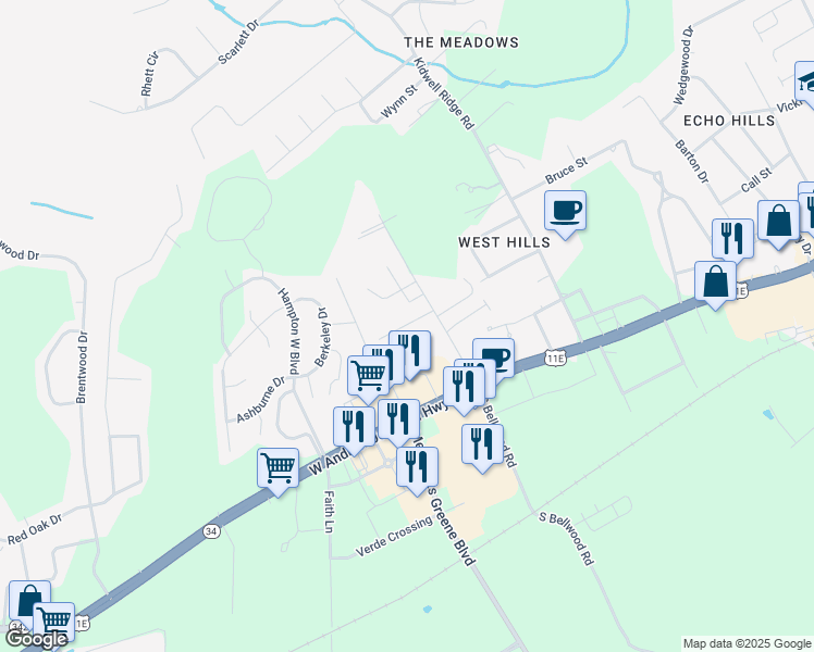 map of restaurants, bars, coffee shops, grocery stores, and more near 413 North Bellwood Road in Morristown