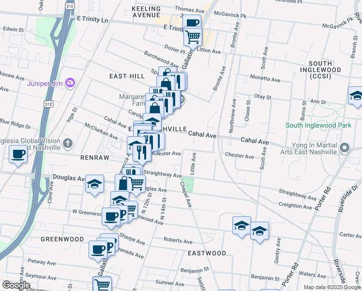 map of restaurants, bars, coffee shops, grocery stores, and more near 1127A Chester Avenue in Nashville