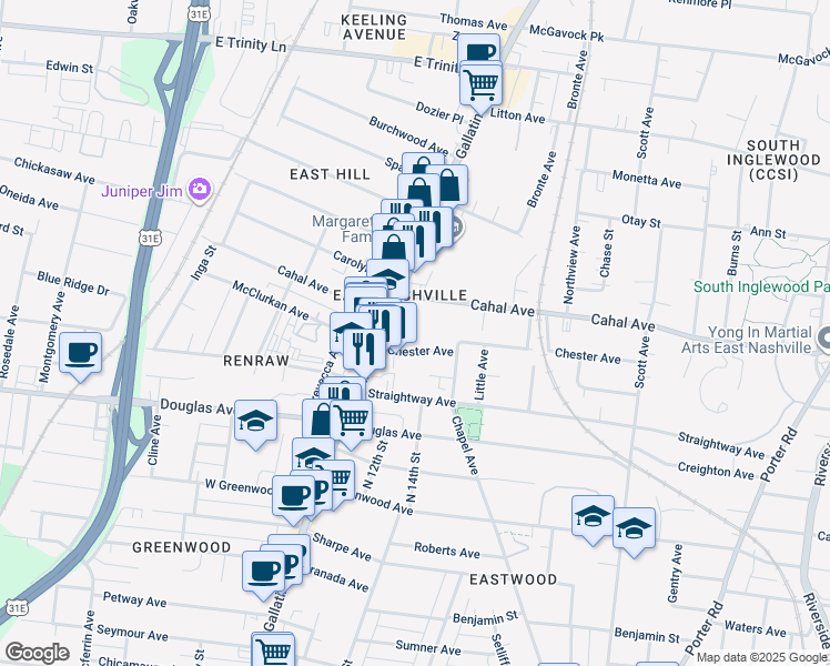map of restaurants, bars, coffee shops, grocery stores, and more near 1023 Chester Avenue in Nashville