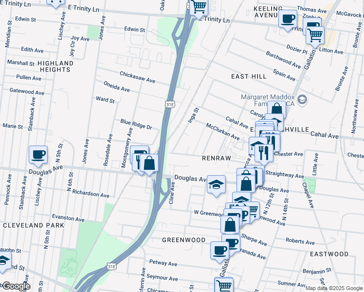 map of restaurants, bars, coffee shops, grocery stores, and more near 895 Strouse Avenue in Nashville