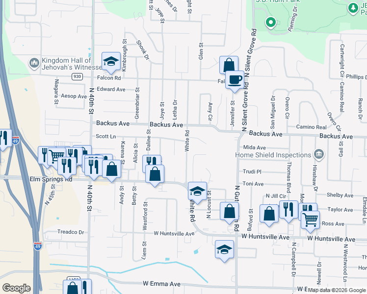 map of restaurants, bars, coffee shops, grocery stores, and more near 1103 White Road in Springdale