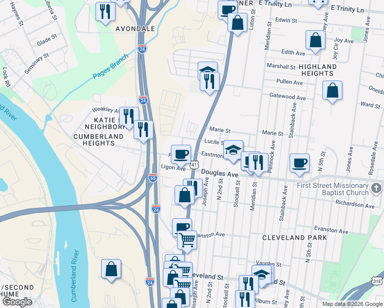 map of restaurants, bars, coffee shops, grocery stores, and more near in Nashville