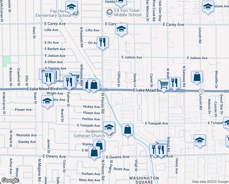 map of restaurants, bars, coffee shops, grocery stores, and more near 3555 East Lake Mead Boulevard in Las Vegas