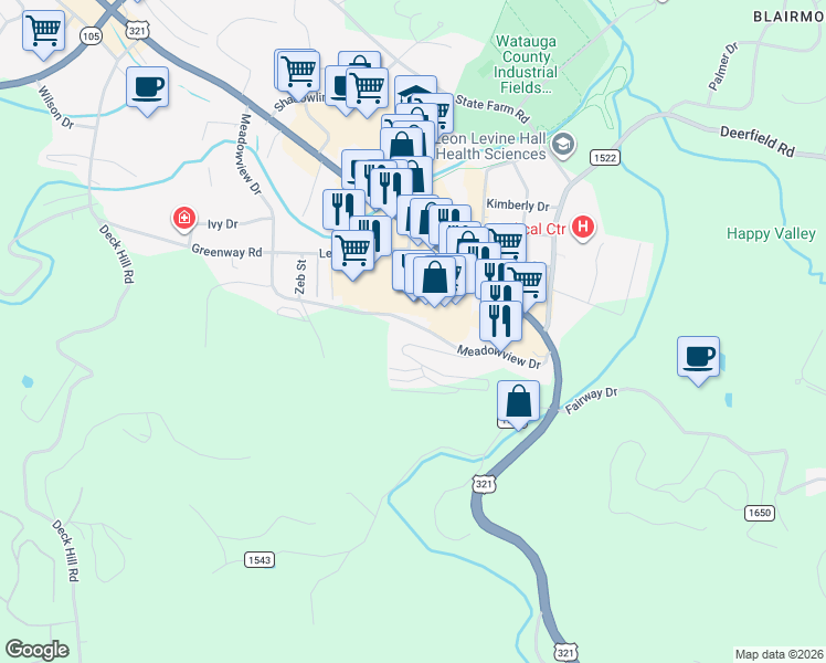 map of restaurants, bars, coffee shops, grocery stores, and more near 800 Meadowview Drive in Boone