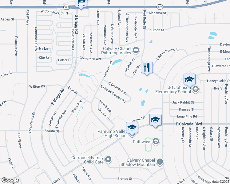 map of restaurants, bars, coffee shops, grocery stores, and more near 301 East Happy Canyon Road in Pahrump