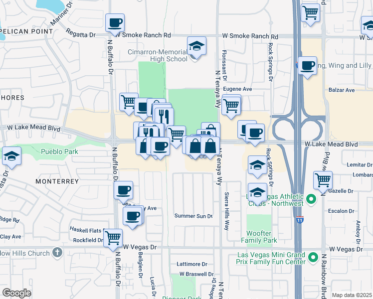 map of restaurants, bars, coffee shops, grocery stores, and more near 7401 West Lake Mead Boulevard in Las Vegas
