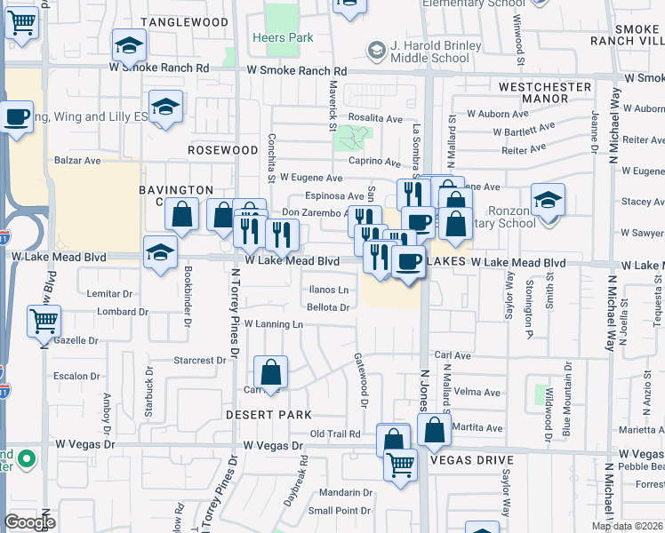 map of restaurants, bars, coffee shops, grocery stores, and more near 6224 Yerba Lane in Las Vegas