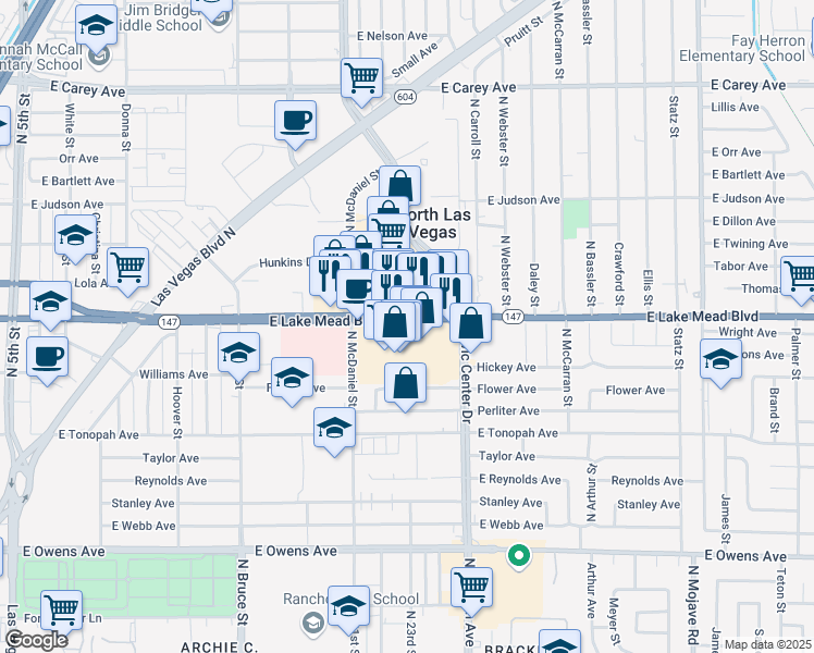 map of restaurants, bars, coffee shops, grocery stores, and more near 2101 East Lake Mead Boulevard in North Las Vegas
