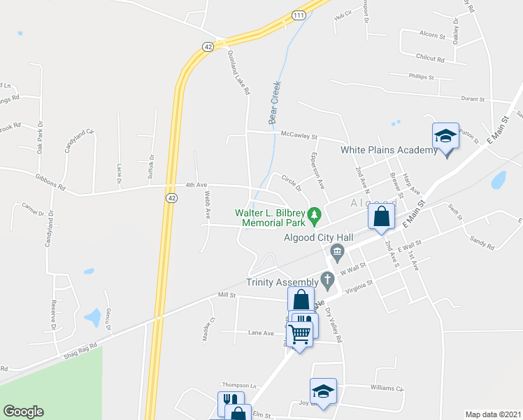map of restaurants, bars, coffee shops, grocery stores, and more near 127 Bilbrey Street in Cookeville