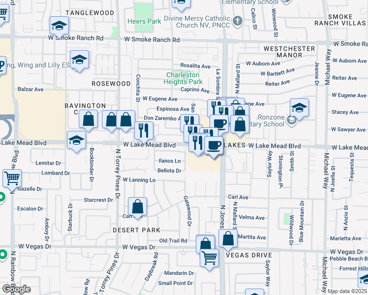 map of restaurants, bars, coffee shops, grocery stores, and more near 6208 Yerba Lane in Las Vegas