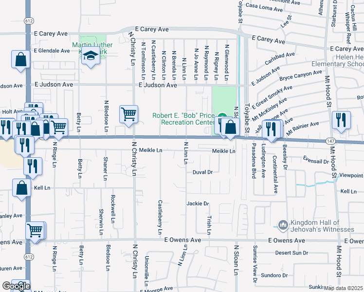map of restaurants, bars, coffee shops, grocery stores, and more near 1899 Linn Lane in Las Vegas