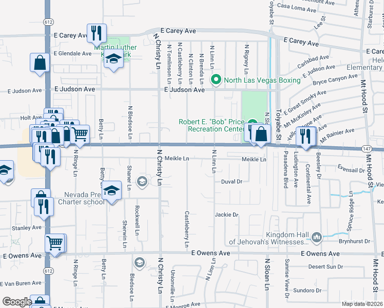 map of restaurants, bars, coffee shops, grocery stores, and more near 1914 Castleberry Lane in Las Vegas