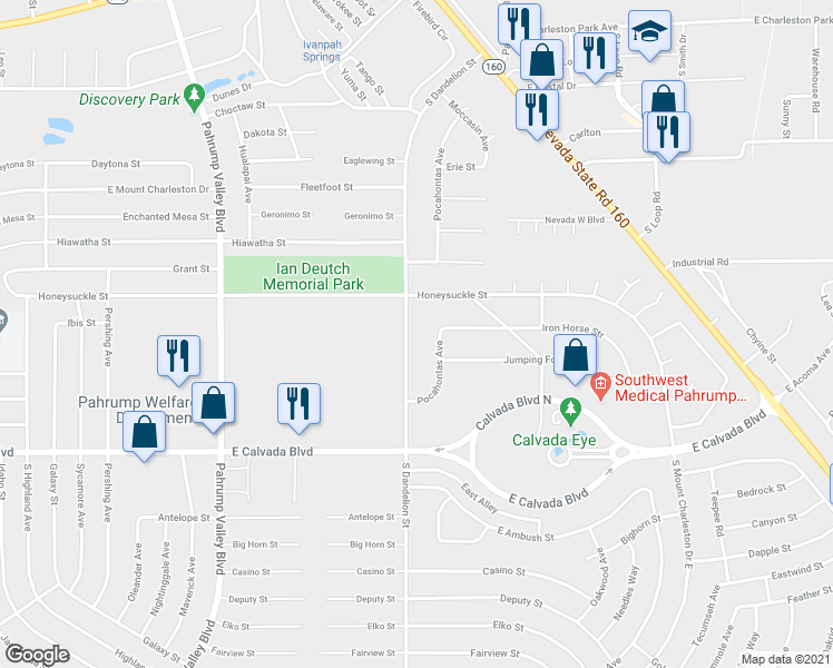 map of restaurants, bars, coffee shops, grocery stores, and more near 1681 South Dandelion Street in Pahrump