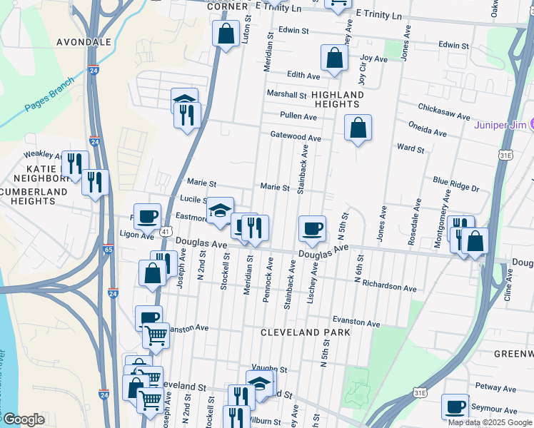 map of restaurants, bars, coffee shops, grocery stores, and more near 1316 Pennock Avenue in Nashville