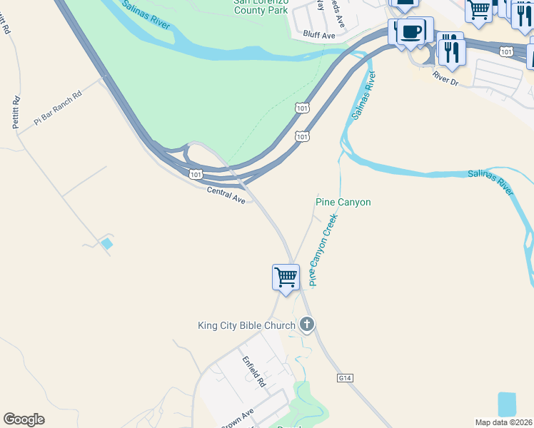 map of restaurants, bars, coffee shops, grocery stores, and more near County Road G14 in King City