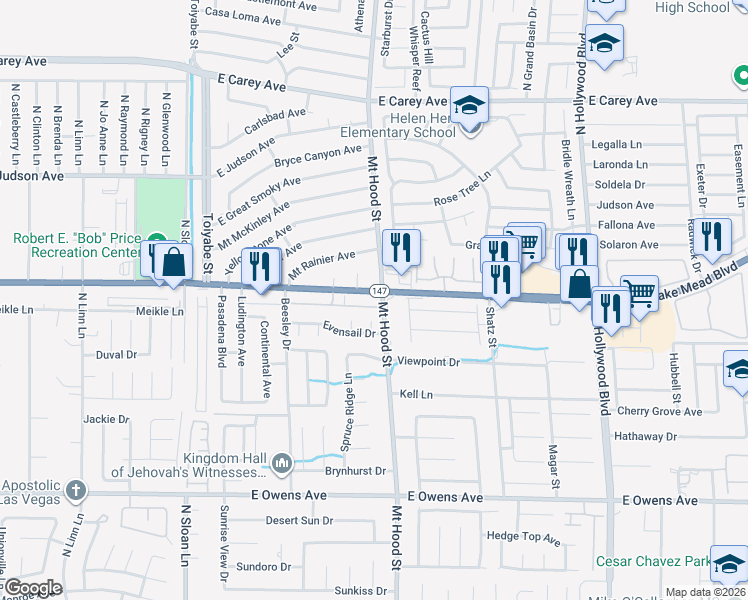 map of restaurants, bars, coffee shops, grocery stores, and more near 6201 East Lake Mead Boulevard in Las Vegas