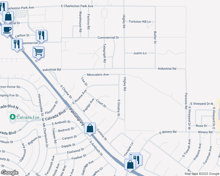 map of restaurants, bars, coffee shops, grocery stores, and more near 2881 Acoma Avenue in Pahrump