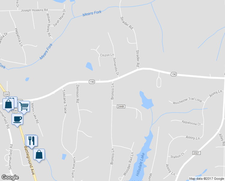 map of restaurants, bars, coffee shops, grocery stores, and more near 7115 Bronco Lane in Summerfield