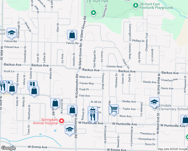 map of restaurants, bars, coffee shops, grocery stores, and more near 2501 Mida Avenue in Springdale