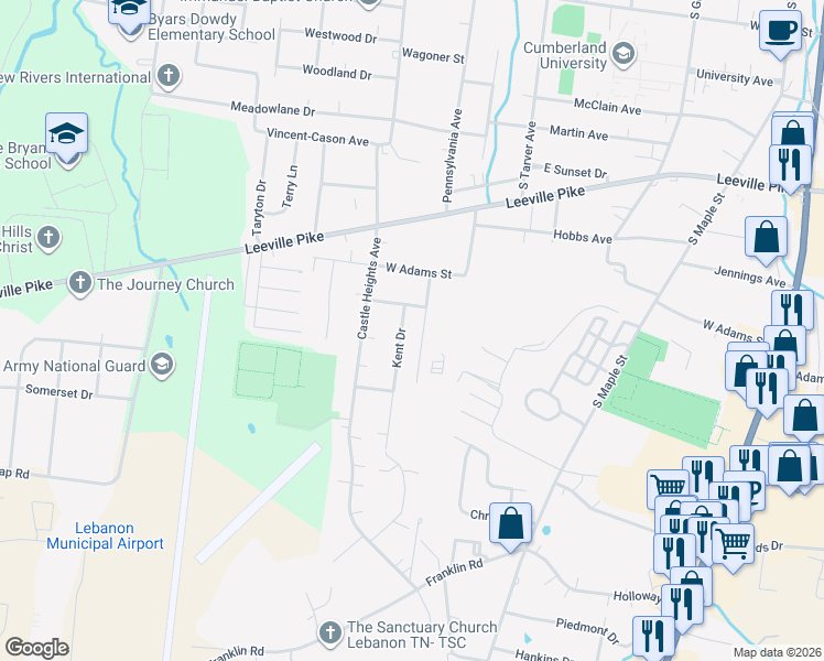 map of restaurants, bars, coffee shops, grocery stores, and more near 719 Elkins Drive in Lebanon
