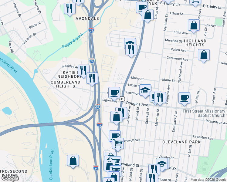 map of restaurants, bars, coffee shops, grocery stores, and more near 8 Fern Avenue in Nashville