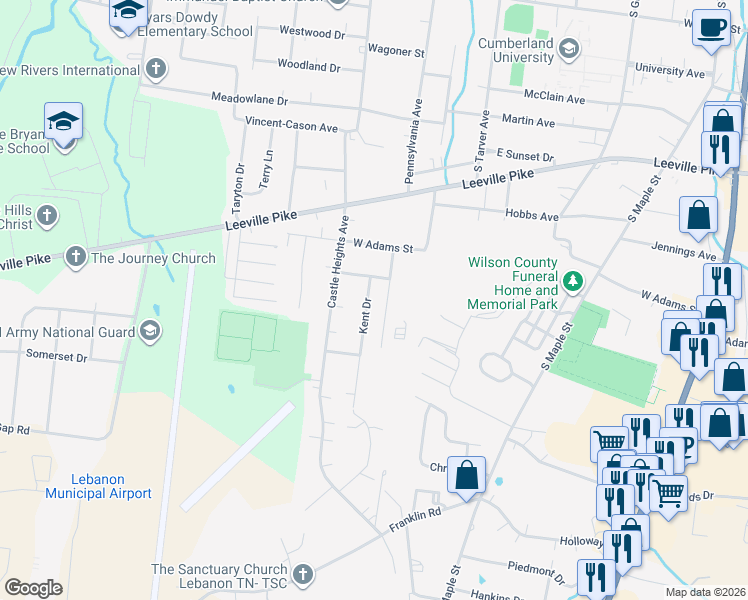 map of restaurants, bars, coffee shops, grocery stores, and more near 713 Kent Drive in Lebanon