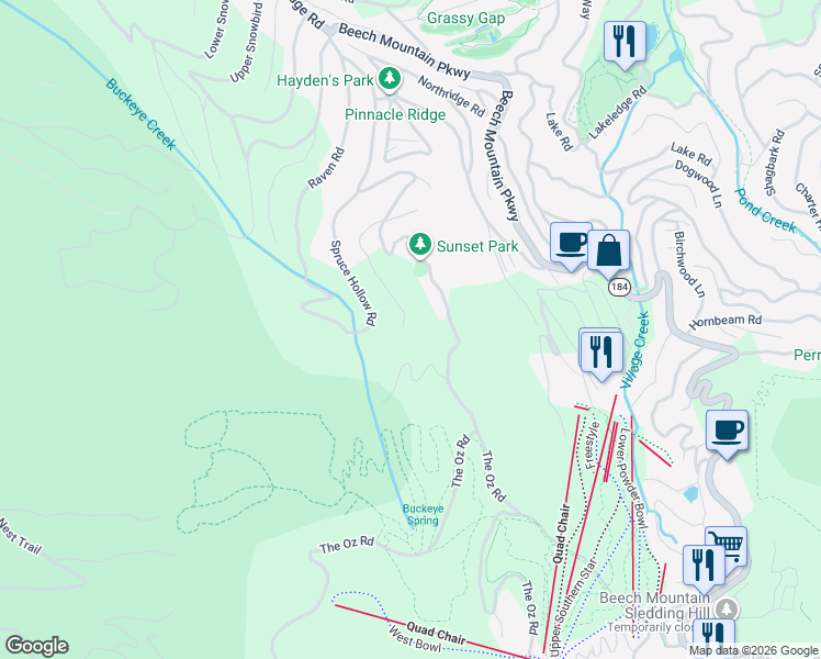 map of restaurants, bars, coffee shops, grocery stores, and more near Fox Crest Road in Beech Mountain