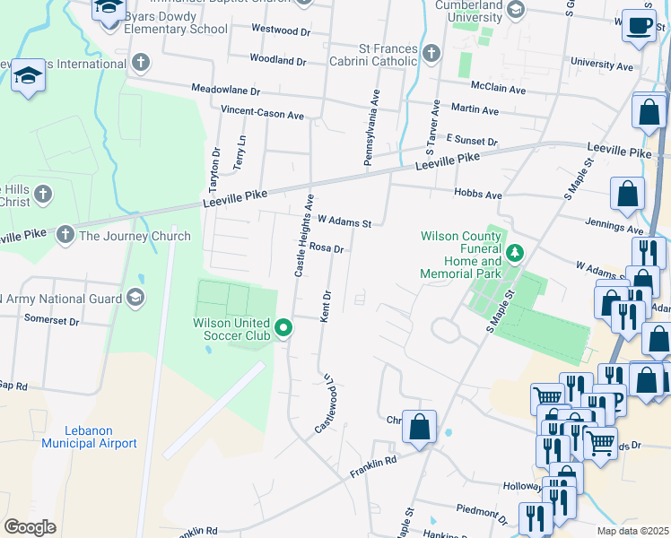 map of restaurants, bars, coffee shops, grocery stores, and more near 718 Kent Drive in Lebanon