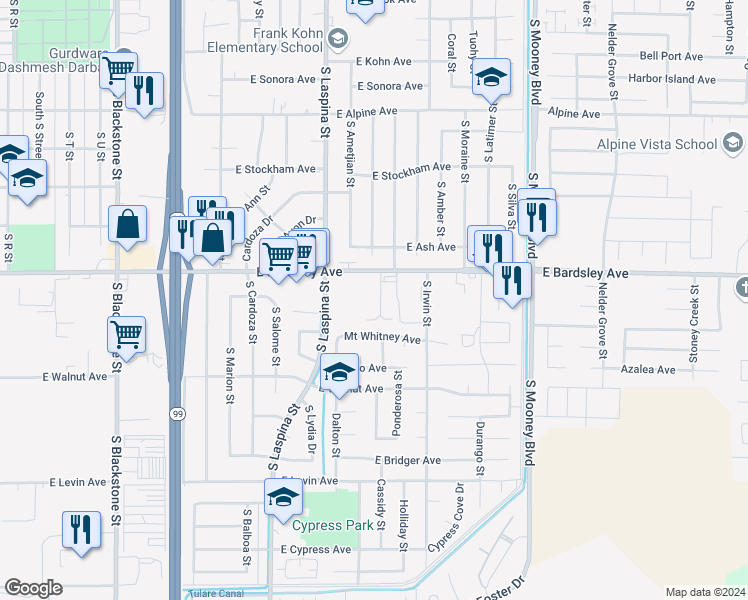 map of restaurants, bars, coffee shops, grocery stores, and more near 1199 Goble Court in Tulare